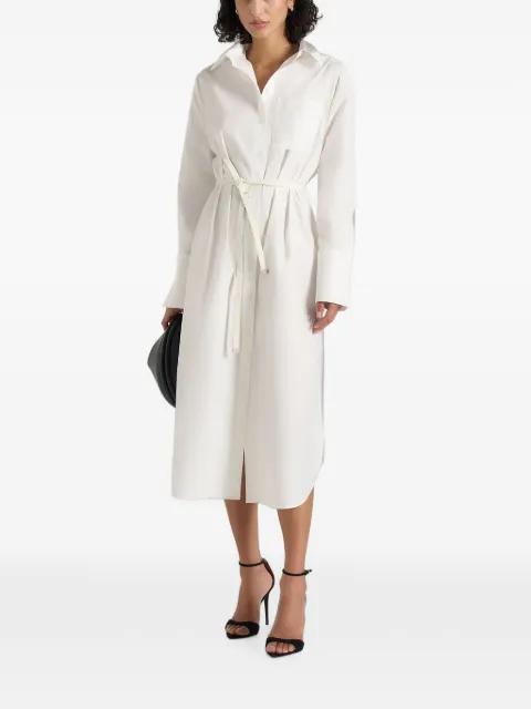 Isa in white belted cotton midi shirt dress by MANIERE DE VOIR