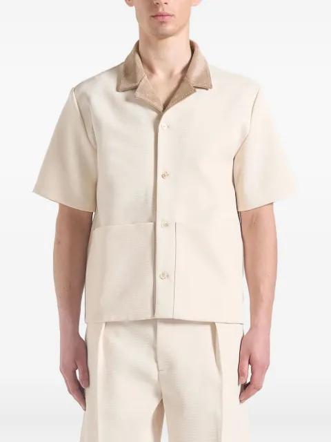 Joel in cream twill shirt with suede revere collar by MANIERE DE VOIR