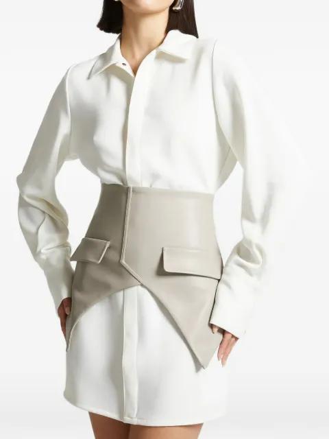 Keira in white/taupe corset-overlay shirt mini dress by MANIERE DE VOIR