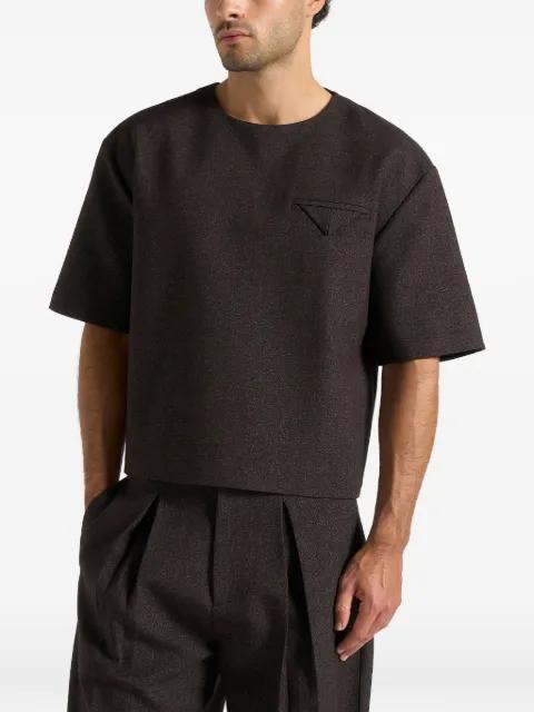Leon in dark brown boxy-cropped hatched T-shirt by MANIERE DE VOIR