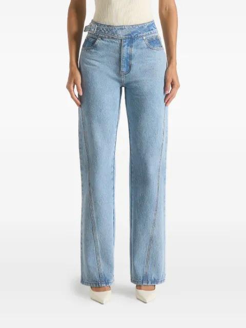 Loane in mid blue twist leg boyfriend jeans with waist adjuster by MANIERE DE VOIR