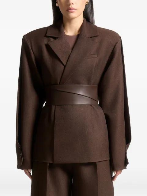 Marie in brown twist-sleeve tailored blazer with belt by MANIERE DE VOIR