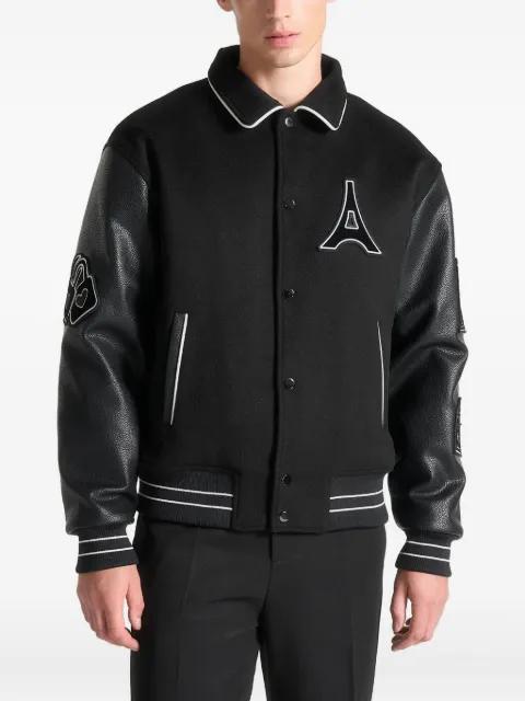 Mona Lisa in black wool blend varsity jacket by MANIERE DE VOIR