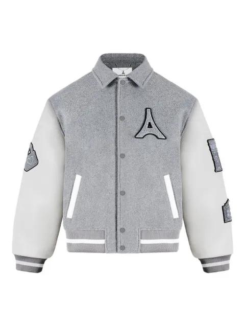 Mona Lisa in grey wool-blend varsity jacket by MANIERE DE VOIR