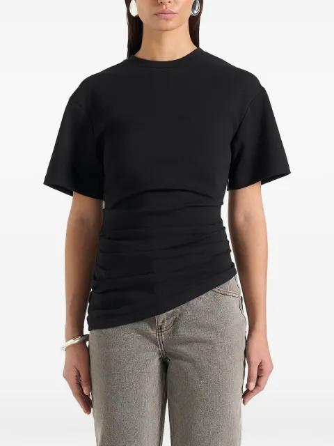 Pauline in black ruched asymmetric cotton T-shirt by MANIERE DE VOIR