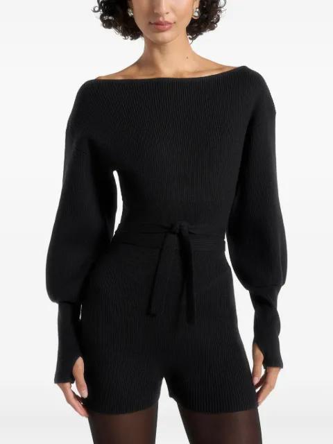 Raya in black off-shoulder knitted playsuit with belt by MANIERE DE VOIR