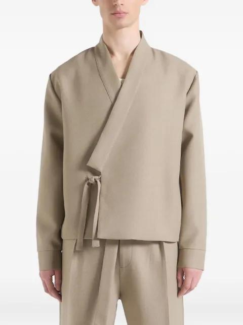 Robin in beige textured kimono wrap jacket by MANIERE DE VOIR