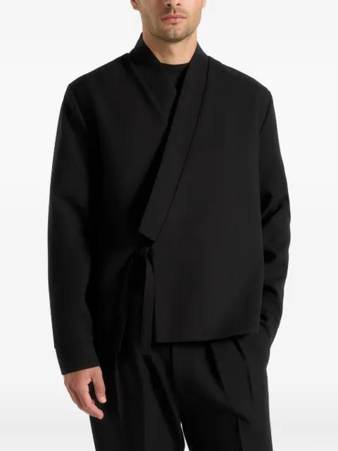 Robin in black textured kimono wrap jacket by MANIERE DE VOIR