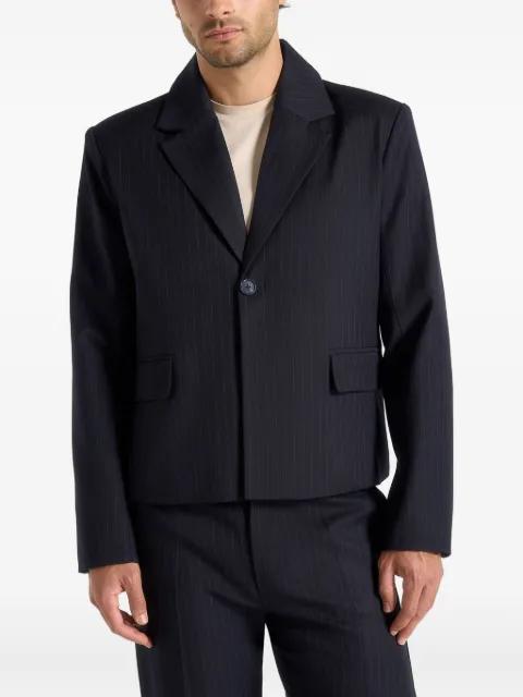 Silas in navy pinstriped-pattern tailored  cropped-blazer by MANIERE DE VOIR