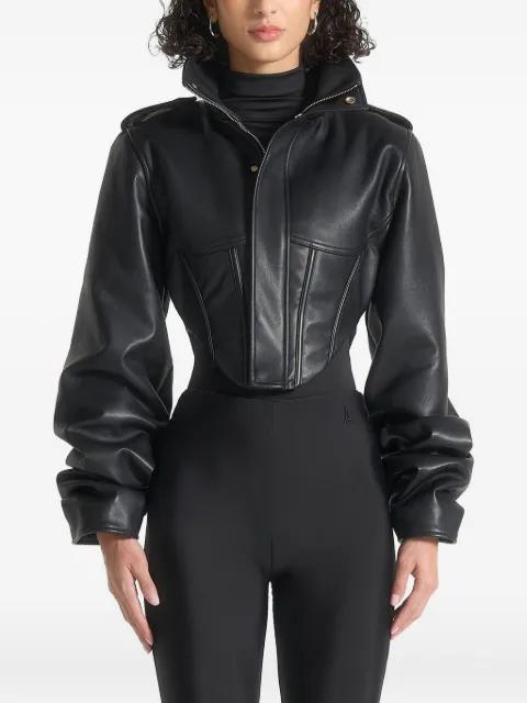 Solange in black tacked-sleeve corset jacket by MANIERE DE VOIR