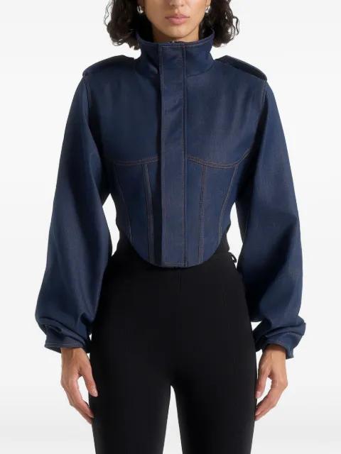 Solange in indigo denim tacked-sleeve corset jacket by MANIERE DE VOIR