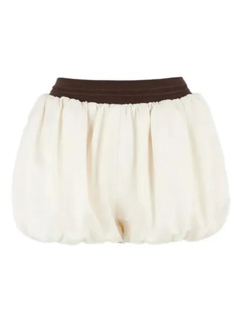 Zoe in ivory/brown satin balloon shorts by MANIERE DE VOIR