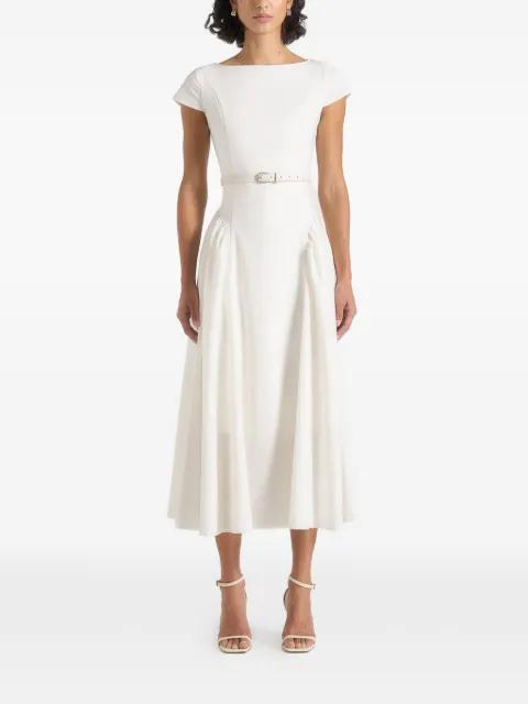 boat neck belted pleated midi dress by MANIERE DE VOIR