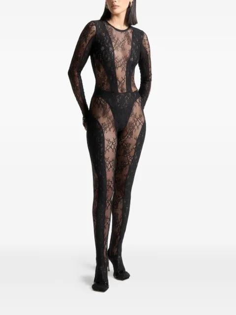 lace backless footsie jumpsuit with pearl detail by MANIERE DE VOIR