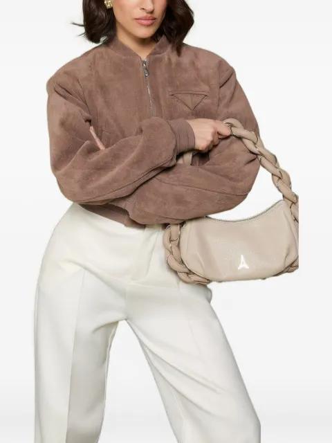 suede wide shoulder bomber jacket by MANIERE DE VOIR