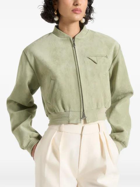 suede wide shoulder bomber jacket by MANIERE DE VOIR
