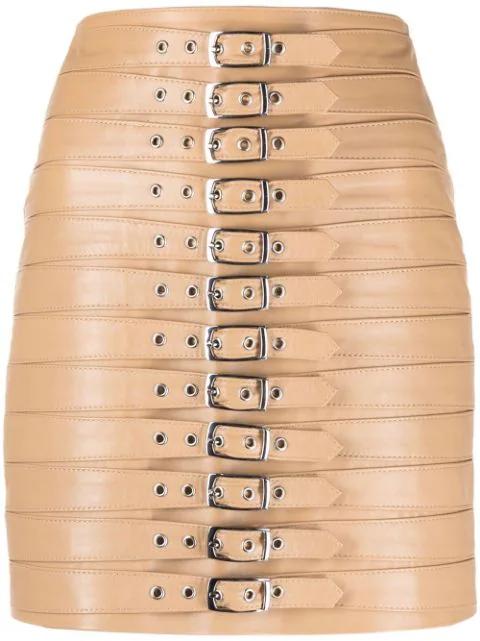 high-waisted leather buckle skirt by MANOKHI
