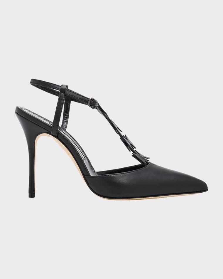 105mm Maurata Leather Bow T-Strap Pumps by MANOLO BLAHNIK