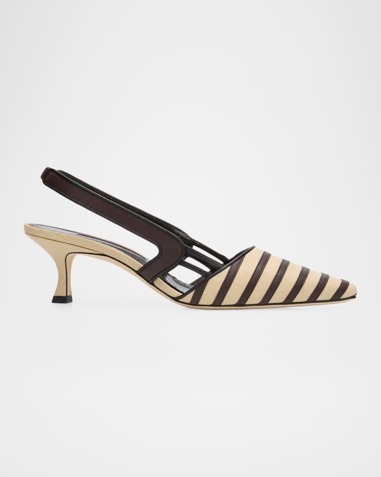 50mm Pelas Striped Linen Slingback Pumps by MANOLO BLAHNIK
