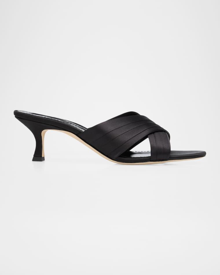 50mm Vieramul Pleated Satin Kitten-Heel Mule Sandals by MANOLO BLAHNIK