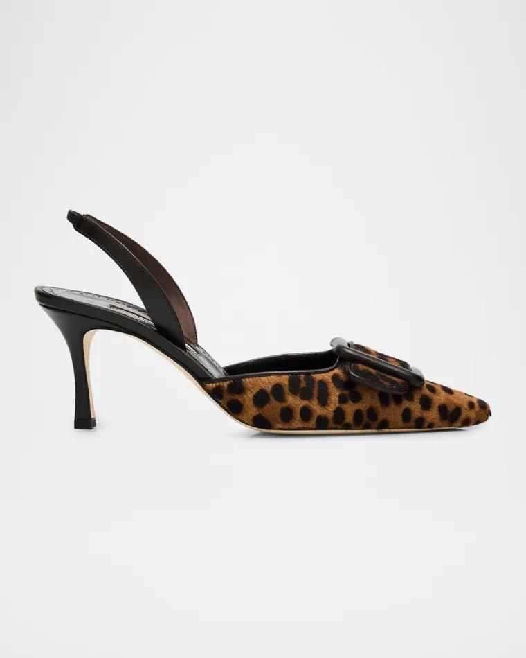 70mm Mayslibi Leopard Calf Hair Slingback Buckle Pumps by MANOLO BLAHNIK