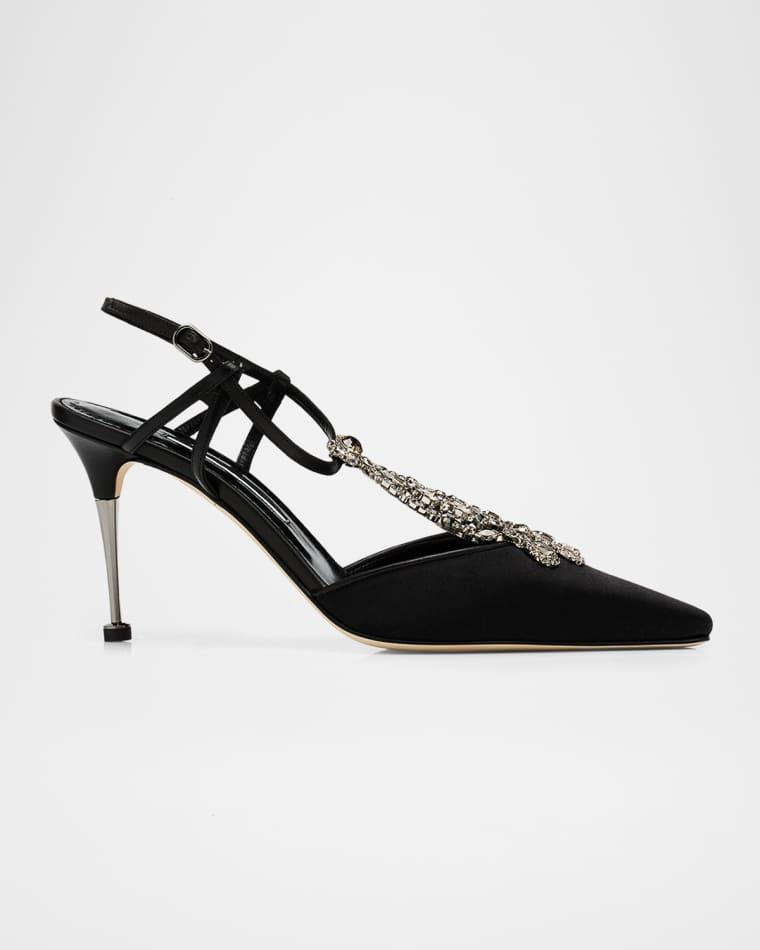 90mm Bolero Embellished T-Strap Satin Pumps by MANOLO BLAHNIK