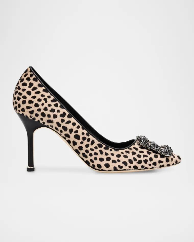 90mm Hangisi Calf Hair Pumps with Crystal Buckle by MANOLO BLAHNIK