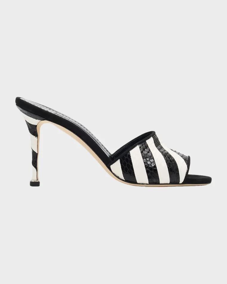 90mm Larache Striped Embossed Leather Mule Sandals by MANOLO BLAHNIK