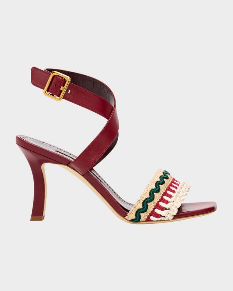 90mm Mabeco Embroidered Crochet Leather Sandals by MANOLO BLAHNIK