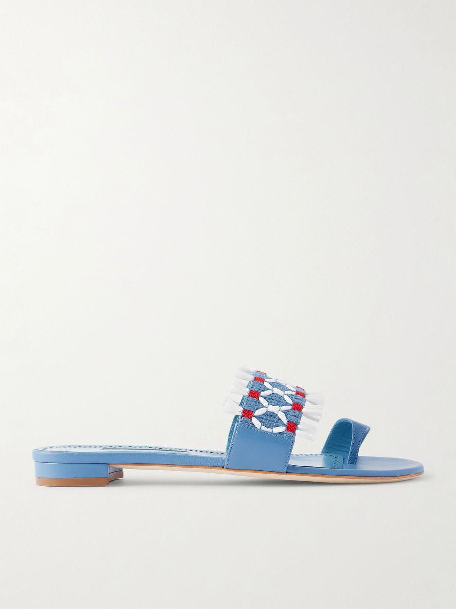 Brava raffia-trimmed crocheted leather sandals by MANOLO BLAHNIK