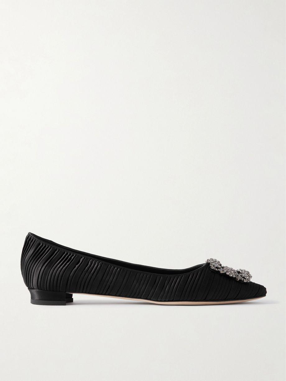 Hangisi crystal-embellished pleated satin point-toe flats by MANOLO BLAHNIK