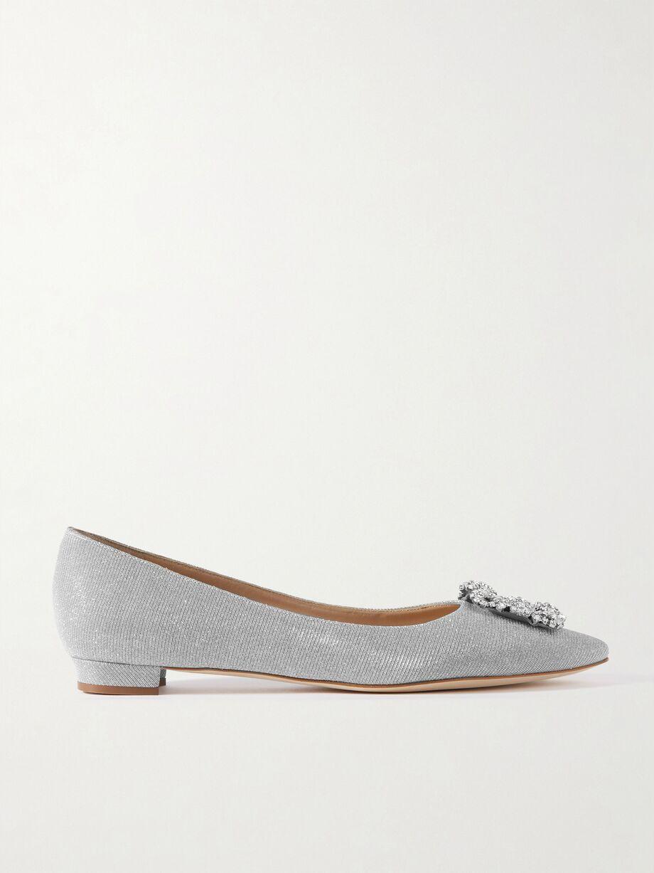 Hangisi embellished glittered satin point-toe flats by MANOLO BLAHNIK