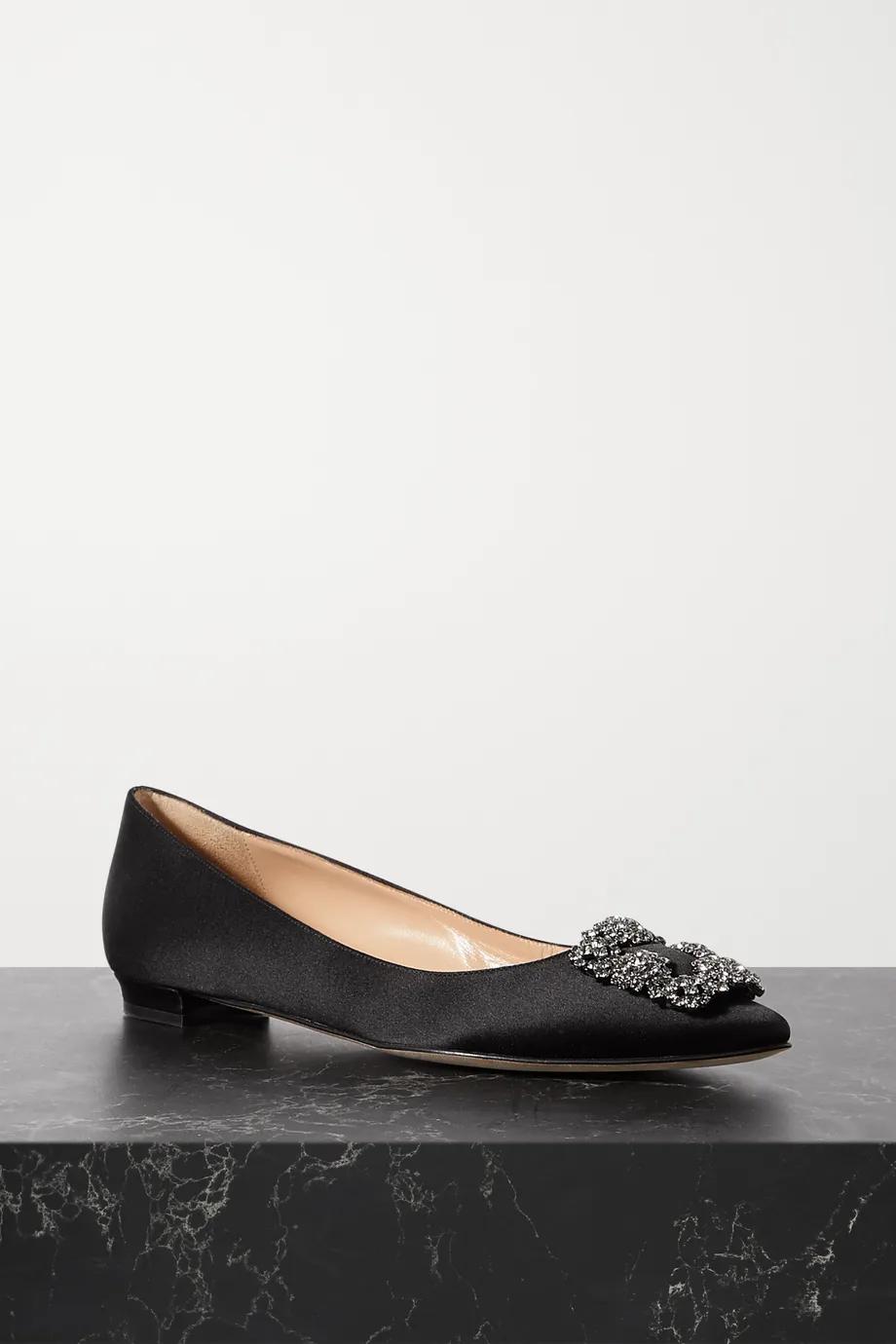 Hangisi embellished satin point-toe flats by MANOLO BLAHNIK