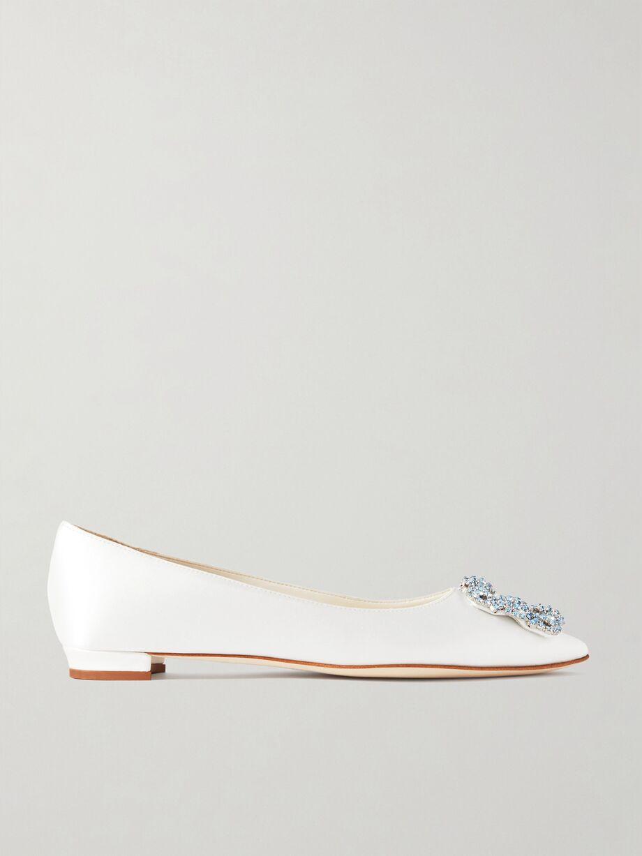 Hangisiflat crystal-embellished satin point-toe flats by MANOLO BLAHNIK