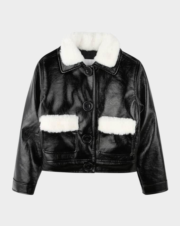 Girl's Faux Leather Bomber Jacket with Teddy Trim, Size 4-6 by MARC JACOBS