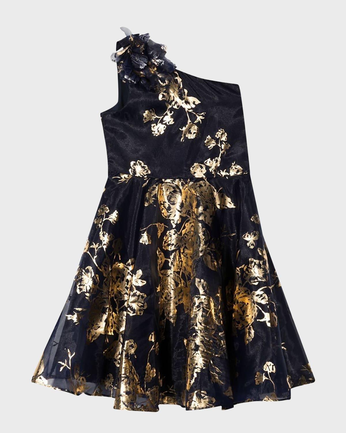 Girl's One-Shoulder Foiled Dress with 3D Flower, Size 2-14 by MARCHESA NOTTE MINI