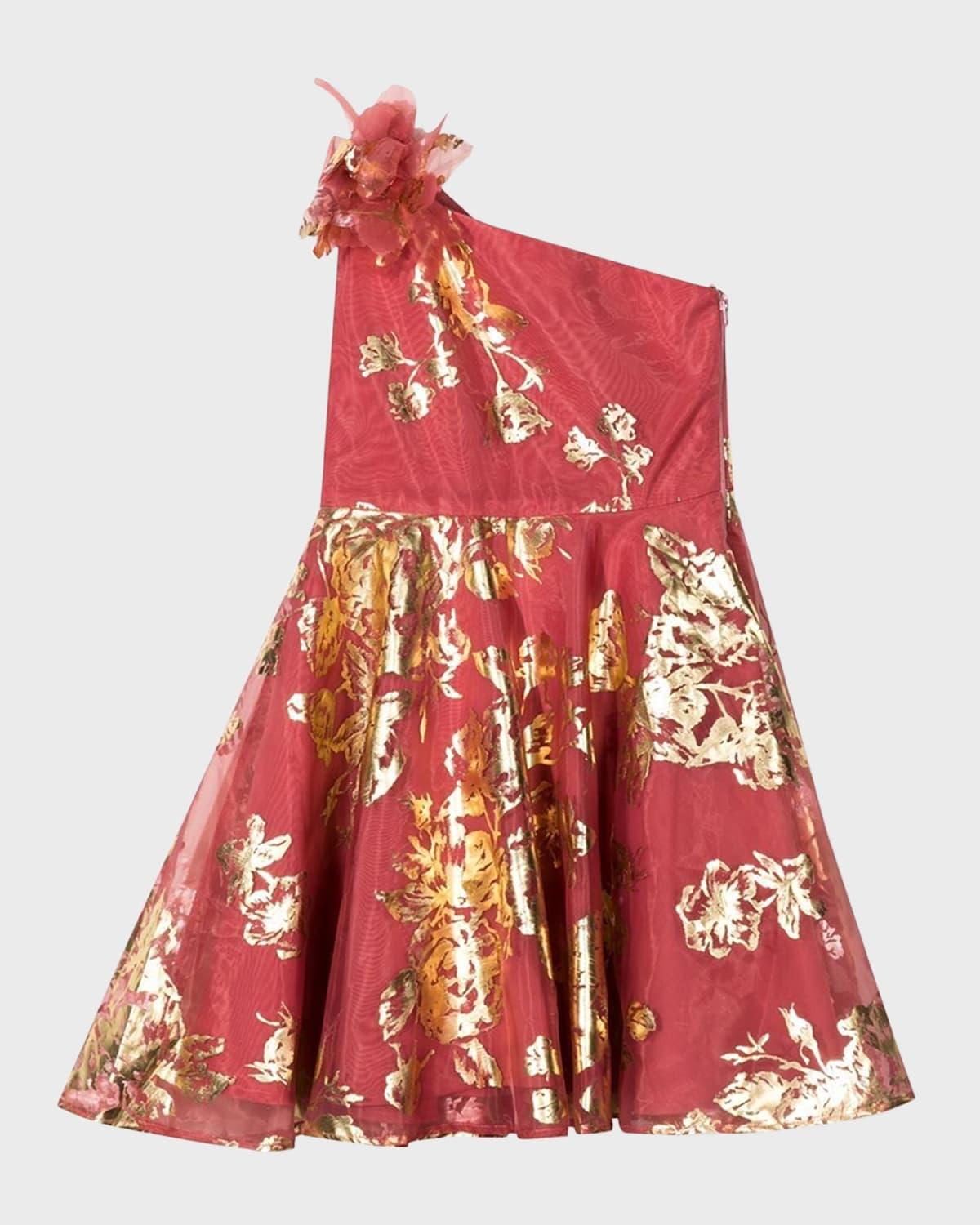 Girl's One-Shoulder Foiled Dress with 3D Flower, Size 2-14 by MARCHESA NOTTE MINI