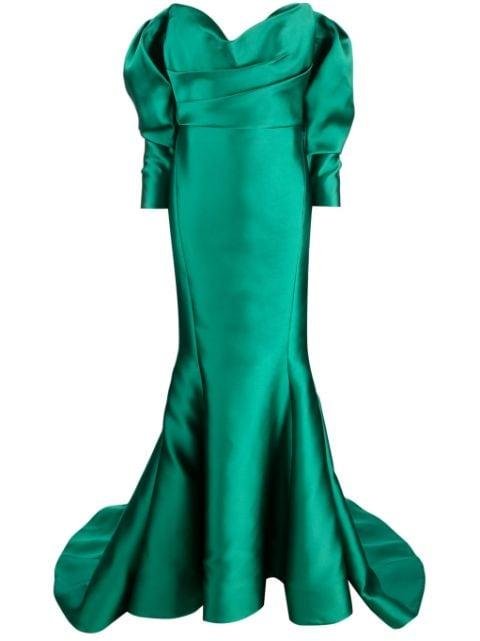 convertible off-the-shoulder duchesse-satin gown by MARCHESA