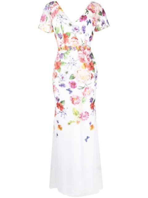 floral-embroidered V-neck gown by MARCHESA