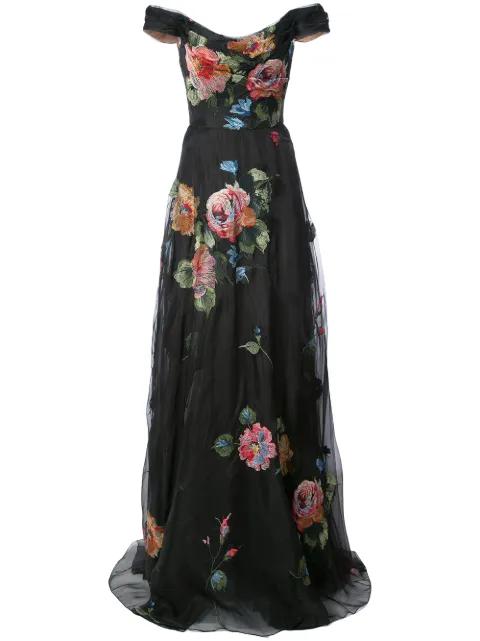 floral-embroidered off-the-shoulder gown by MARCHESA