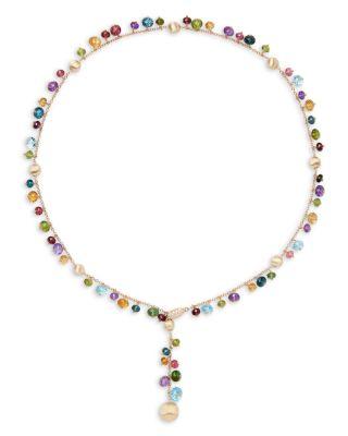 18K Yellow Gold Africa Multi Gemstone Bead & Diamond Adjustable Lariat Necklace by MARCO BICEGO