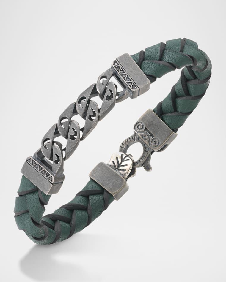 Men's Flaming Tongue Braided Leather and Silver Bracelet with Black Diamonds by MARCO DAL MASO