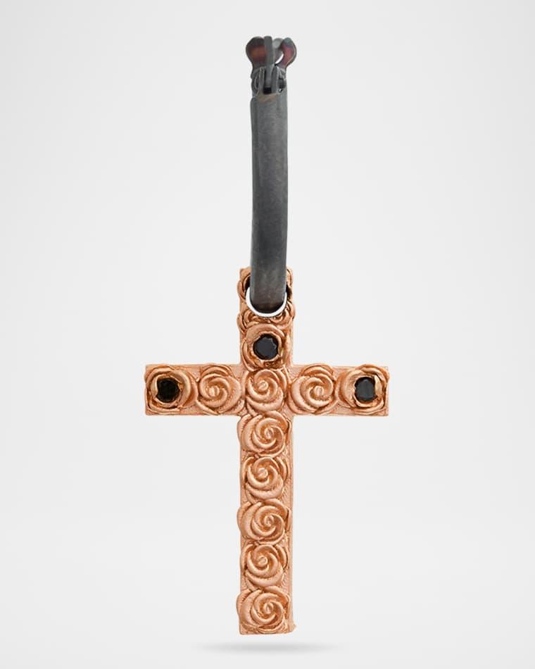Men's The Cross Bed of Roses Mono Earring in Oxidized Silver and 18K Rose Gold Vermeil with Black Diamonds, Single by MARCO DAL MASO