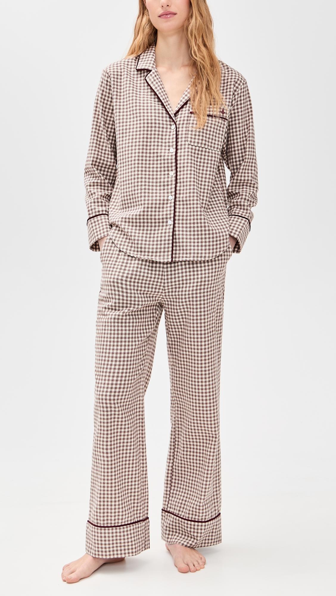 Flannel Gingham Piped Pajama Set by MAREA