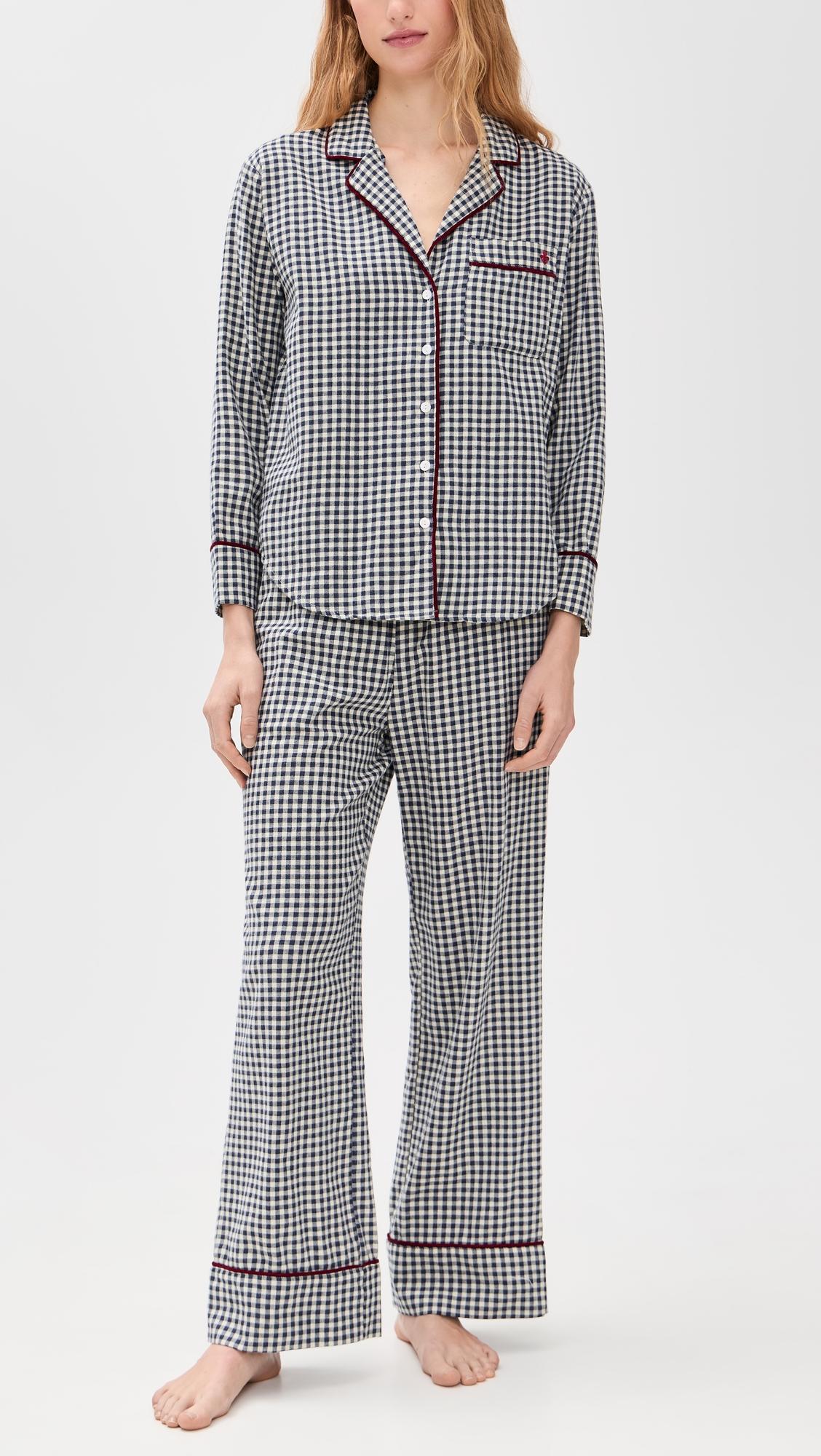 Flannel Gingham Piped Pajama Set by MAREA