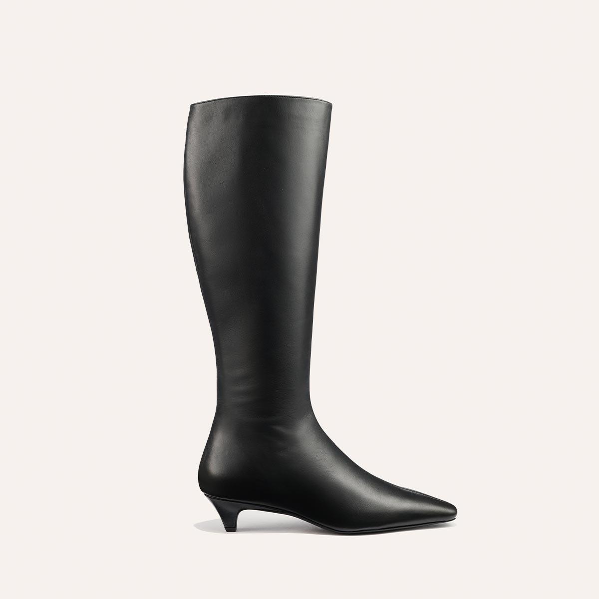 Knee High Boots in Black Leather & Comfortable Kitten Heel by MARGAUX