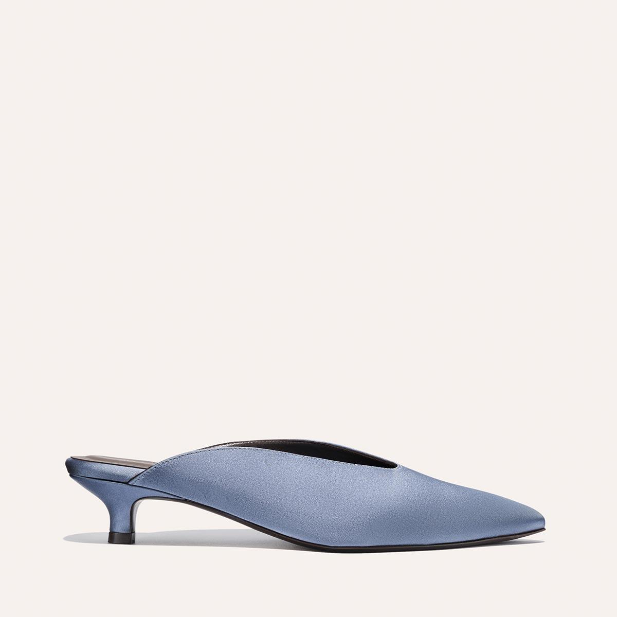 Light Blue Satin Kitten Heel Mule | The Romy by MARGAUX