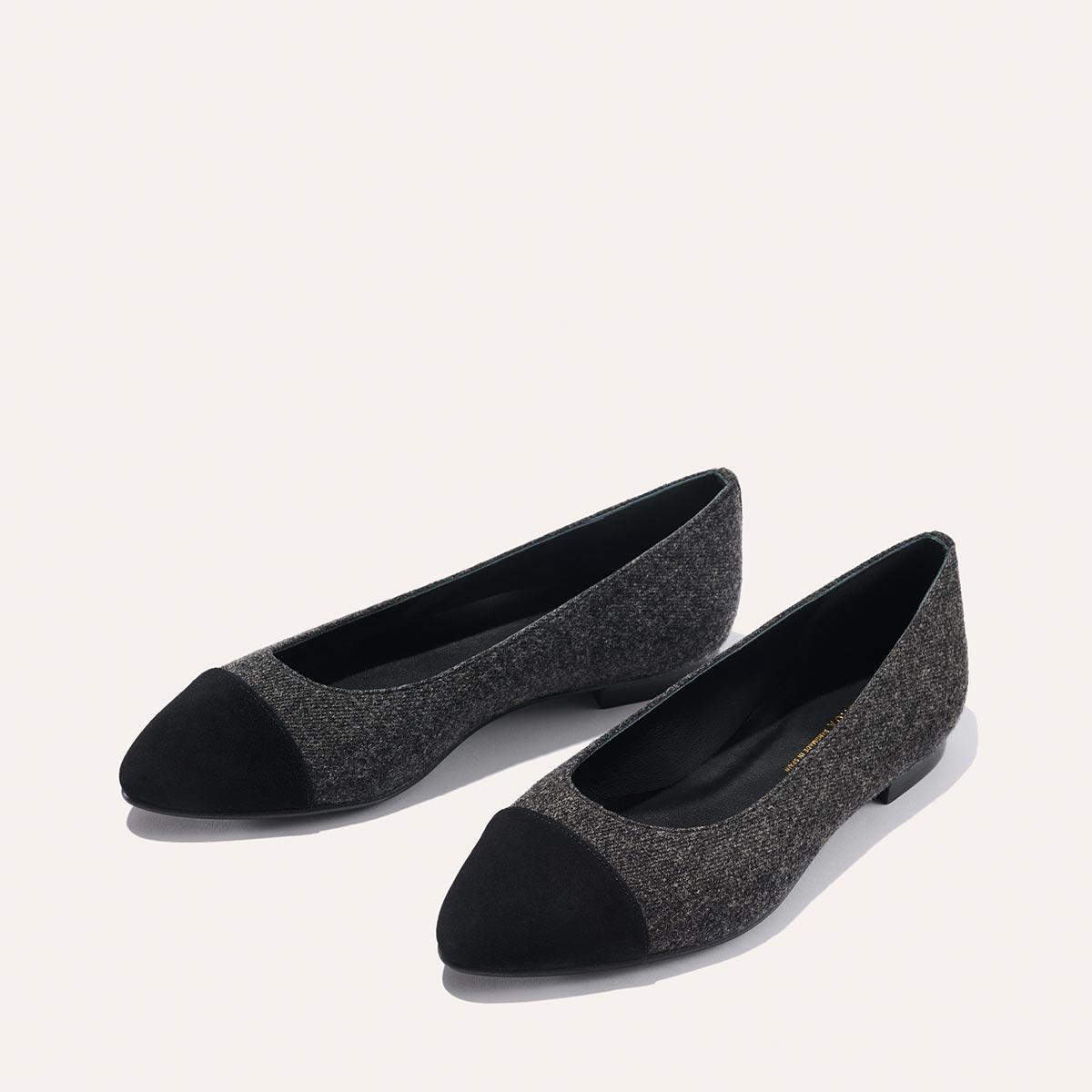 Pointed Toe Ballet Flats in Grey Flannel with Black Leather Toe by undefined