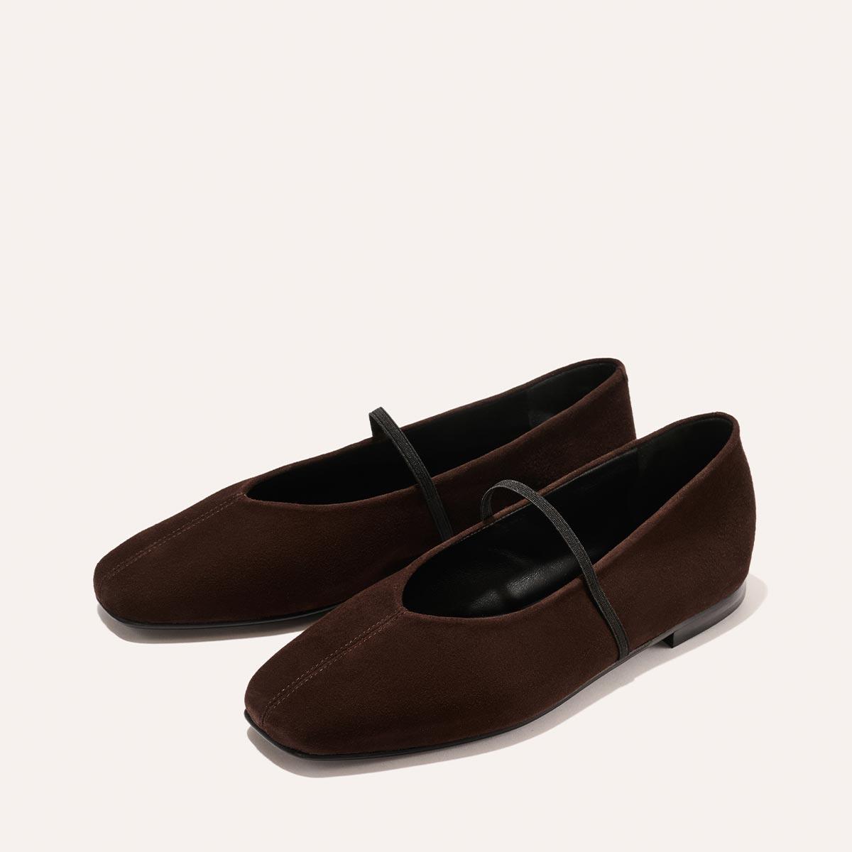 Suede Mary Jane Flats in Espresso Squared Toe Shoes by MARGAUX