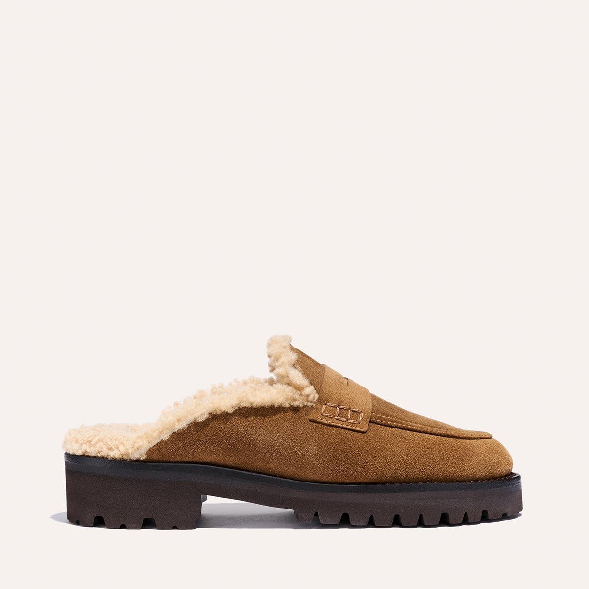 The Marlowe Mule - Walnut Suede and Shearling by MARGAUX